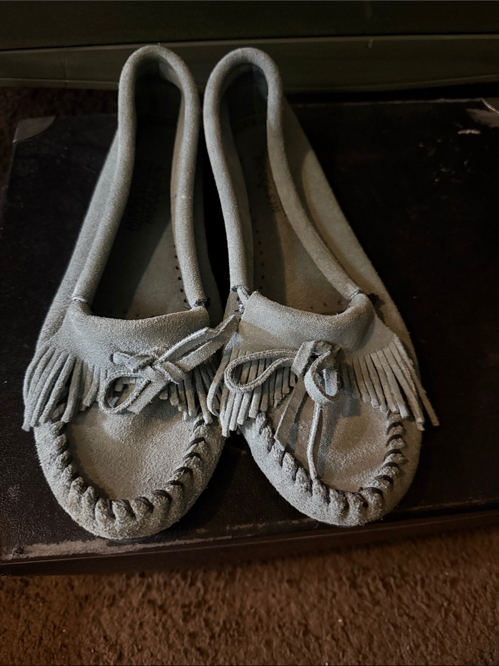Minnetonka Suede Moccasins in Light Blue Grey